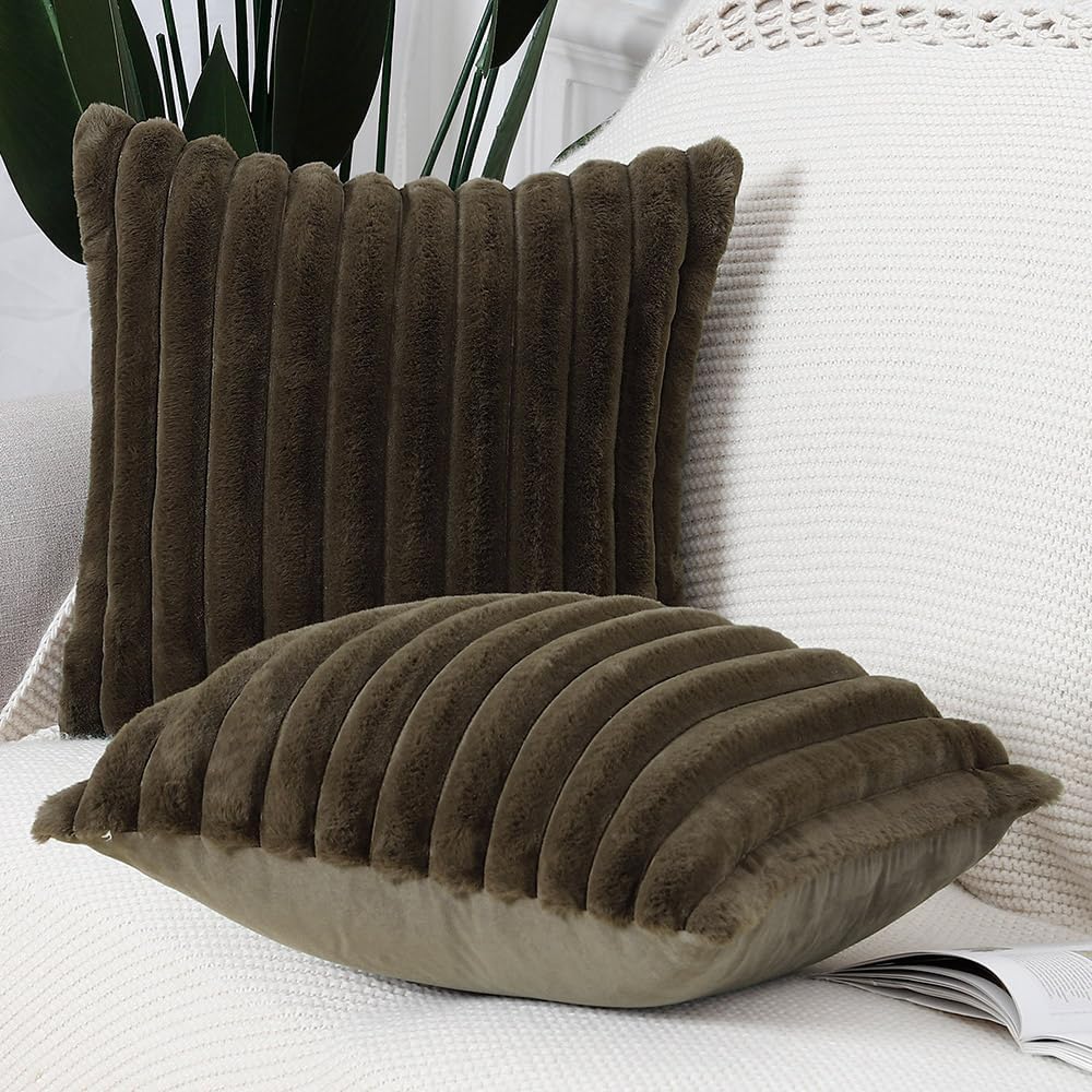 MADIZZ Set of 2 Faux Wool Plush Decorative Throw Pillow Covers 26x26 Inch Drak Brown Fluffy Striped Soft Decorative Cushion Cover for Sofa Bedroom Pillow Shell
