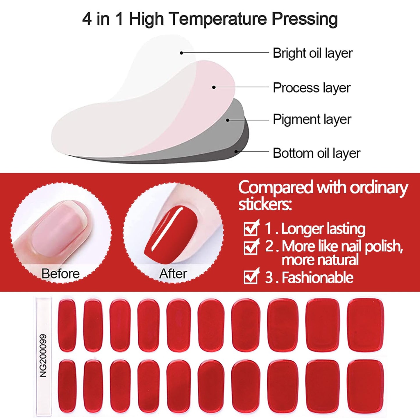 WOKOTO 20Pcs Chrome Red Gel Nail Strips with Nail File & Wooden Stick Holographic Red Semi Cured Nail Polish Strips UV Gel Nail Stickers Full Nail Wraps Stick On Nails Strips Decals for Women Girls