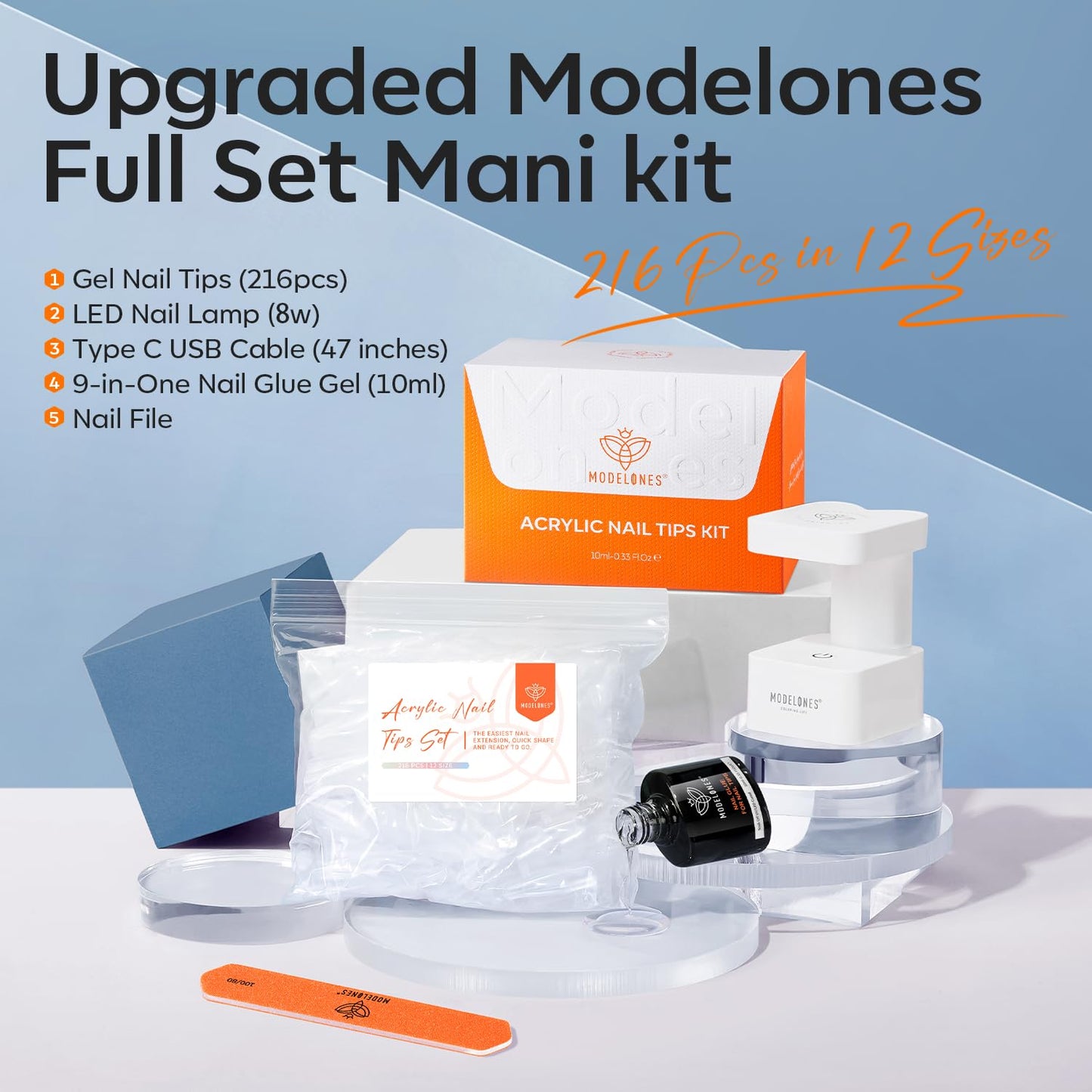 modelones Extra Short Almond Gel Nail Tips Kit, 9-in-One Nail Glue with Portable U V Lamp 216Pcs 12Sizes Pre-Etched Press ons Fake Acrylic Extension Kit DIY Salon Gift for Women