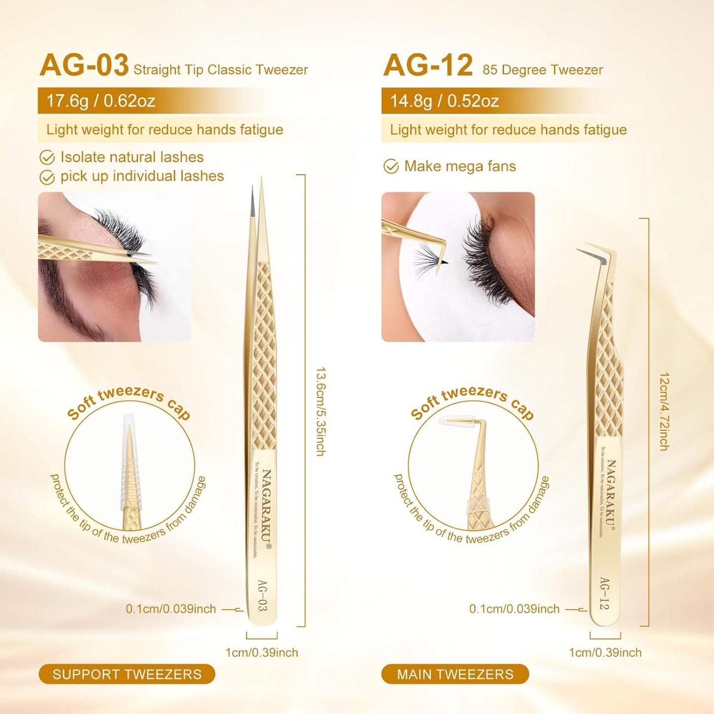 NAGARAKU Eyelash Tweezers, 1 Pair Precision Micro Fiber Tip Tweezer for Lash Extensions Antistatic Anti-Slip Pinzas with Box -Straight Tip & 85 Degree Long Tip Tweezers AG-03 & AG-012