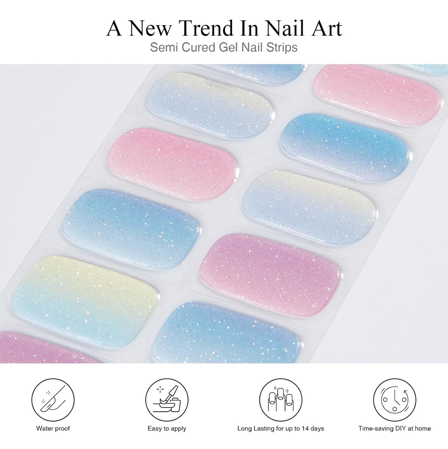Semi Cured Gel Nail Strips, 20 PCS Gel Nail Stickers Work with UV Light, Salon Quality & Easy to Use - Dreamy Macarons