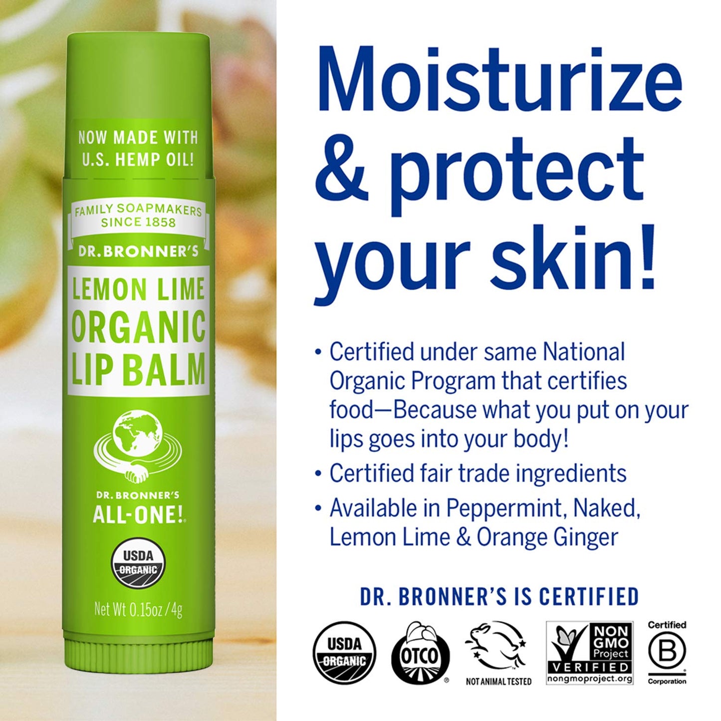 Dr. Bronner’s Organic Lip Balm 6-Pack (.15oz) Natural, Moisturizinging, Petroleum-Free Lip Balm with Beeswax & Avocado Oil for Dry Lips, Men & Women - Lemon Lime