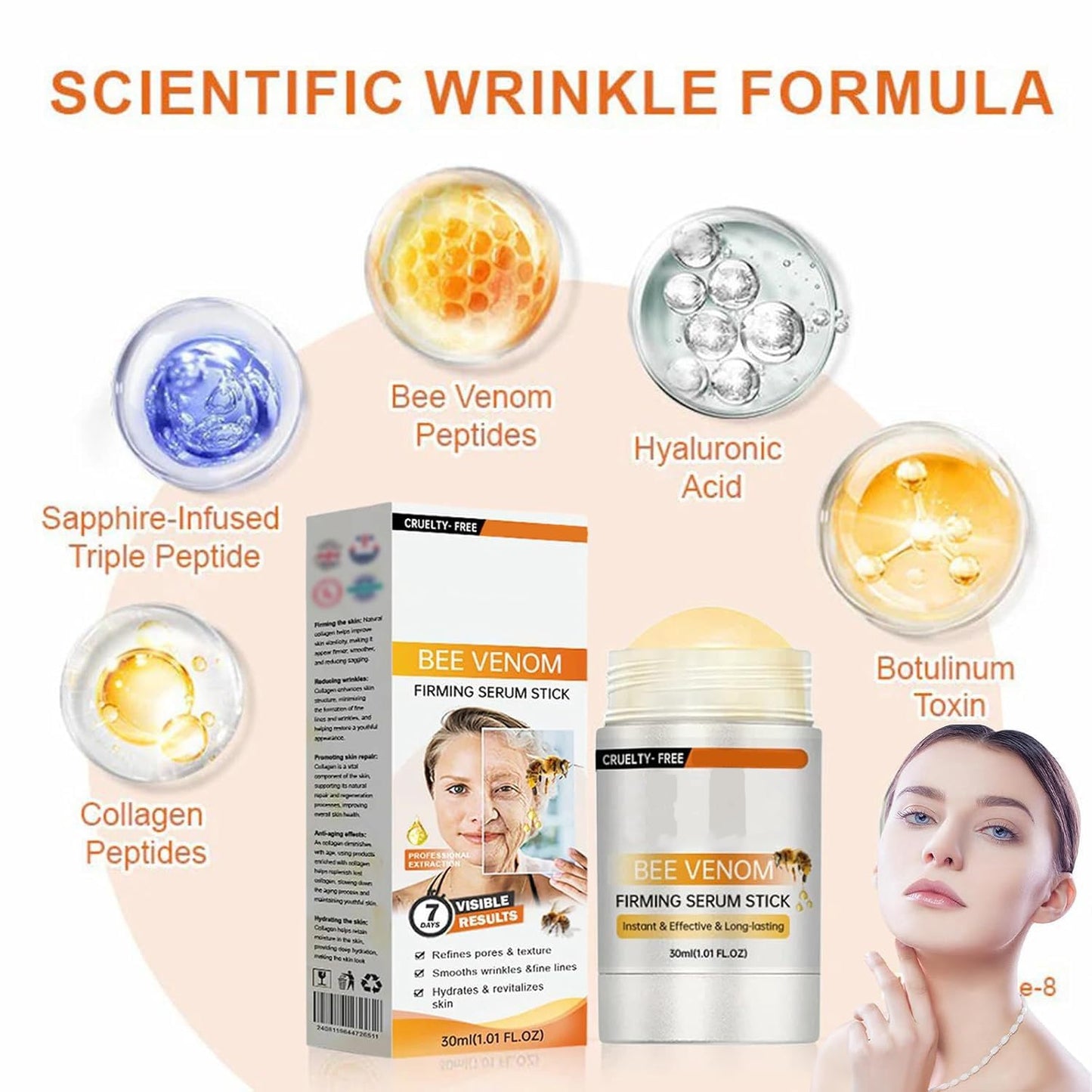 Bee Venom Firming Serum Stick，Firming Anti-wrinkle Cream，Enriched with Natural Extracts, Moisturizes, Fights Wrinkles and Restores Skin Elasticity, Suitable for All Skin Types，1.01Oz