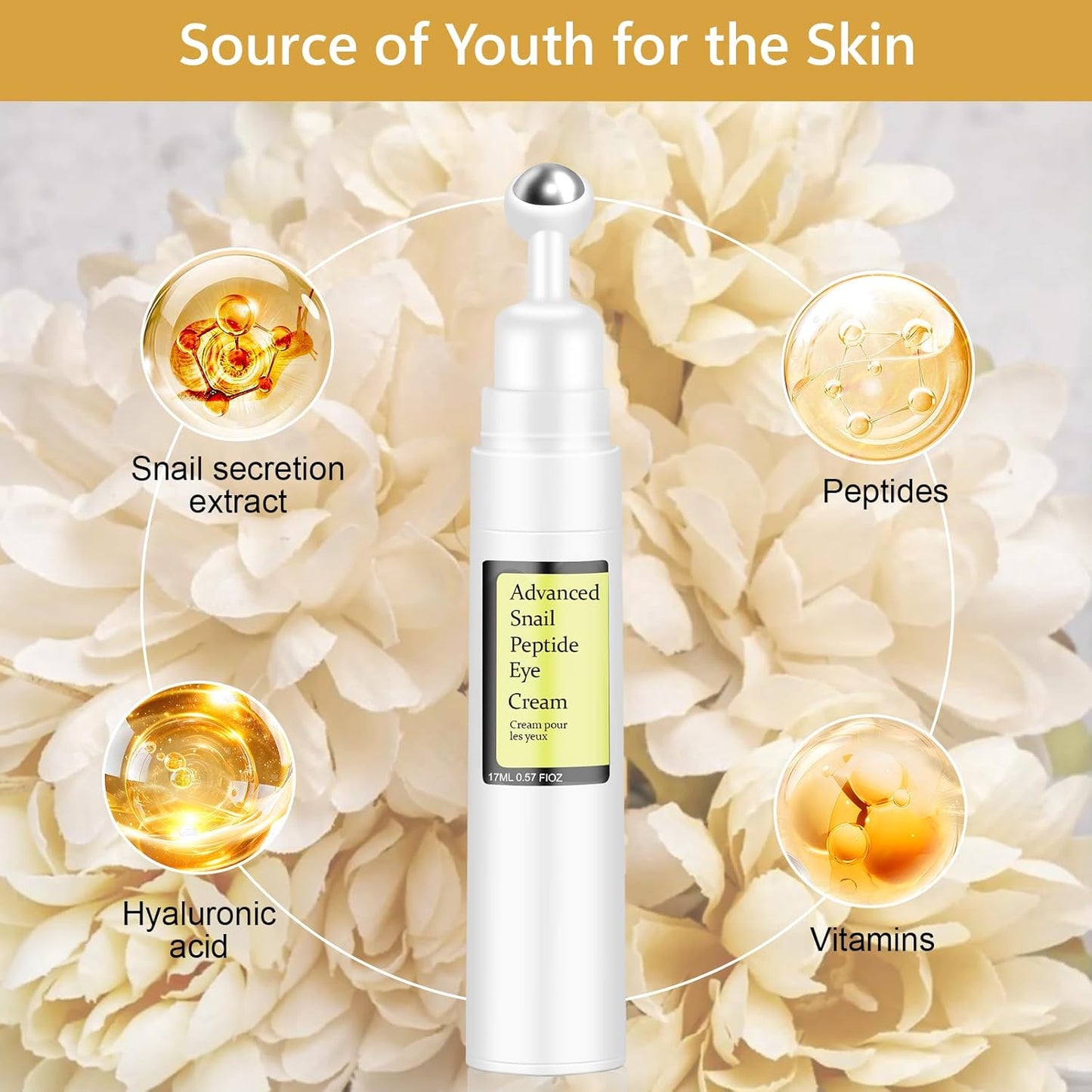 Snail Peptide Eye Cream For Moisturizing, Snail Mucin Eye Cream With Niacinamide, Hyaluronic Acid, Snail Eye Cream For Dark Circles, with 360° Massage Ball Reduce Wrinkles and Fine Lines