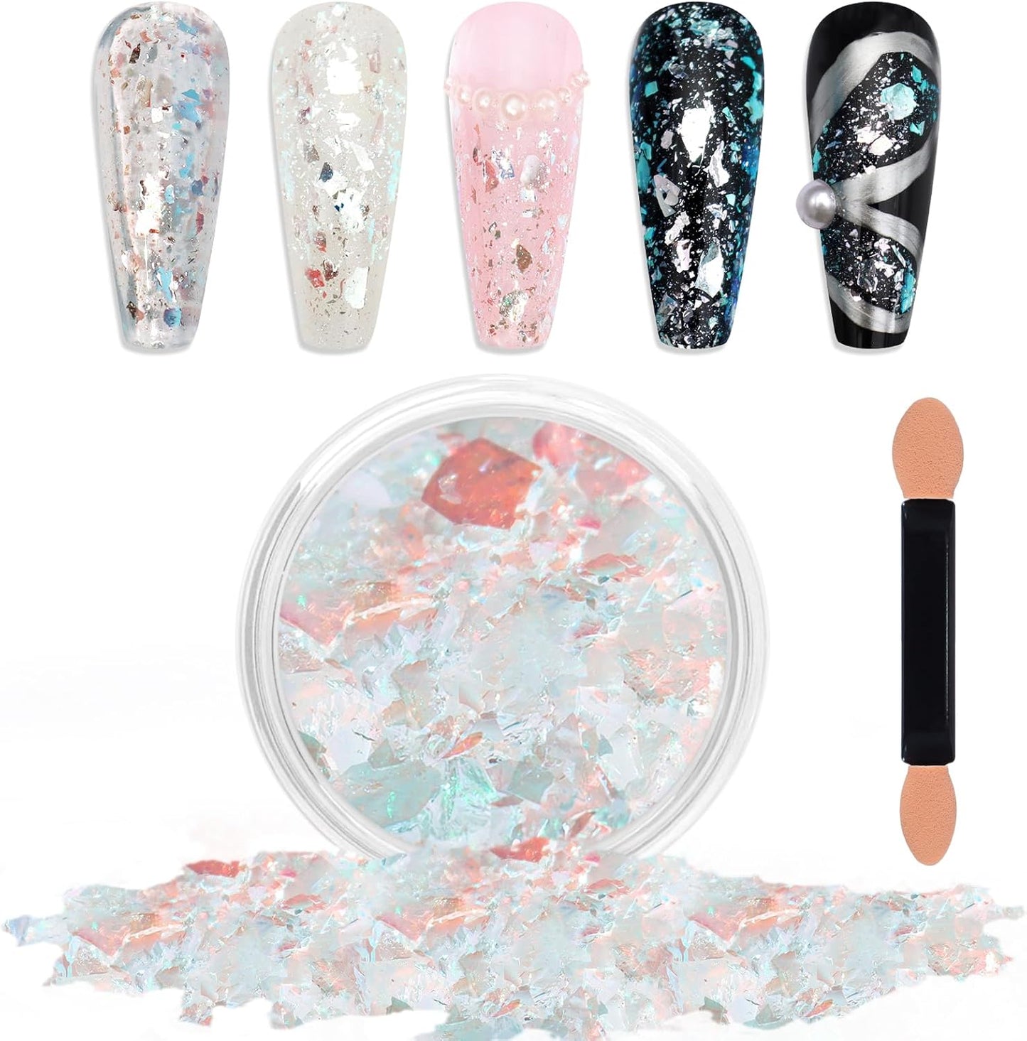 Laza Ice Blue Pearl Chameleon Flakes Nail Glitter Irregular Opal Nail Foil Flakes Chunky Confetti Color-Shift Sequins Iridescent Fairy Dust for Mermaid Nails Design, Nail Decorations for Nail Art