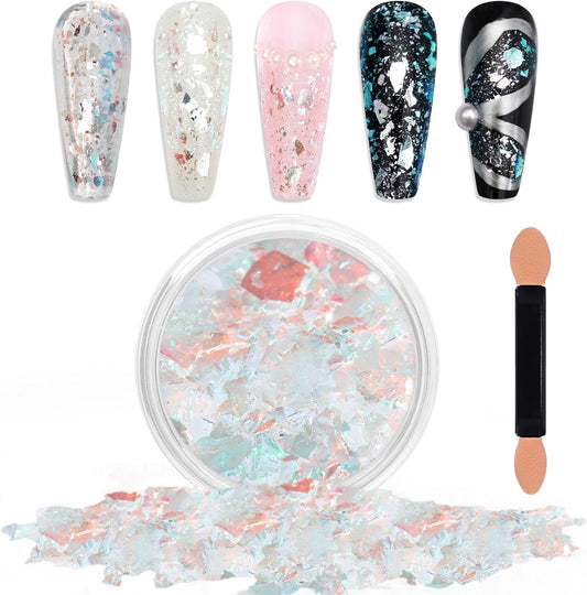 Laza Ice Blue Pearl Chameleon Flakes Nail Glitter Irregular Opal Nail Foil Flakes Chunky Confetti Color-Shift Sequins Iridescent Fairy Dust for Mermaid Nails Design, Nail Decorations for Nail Art