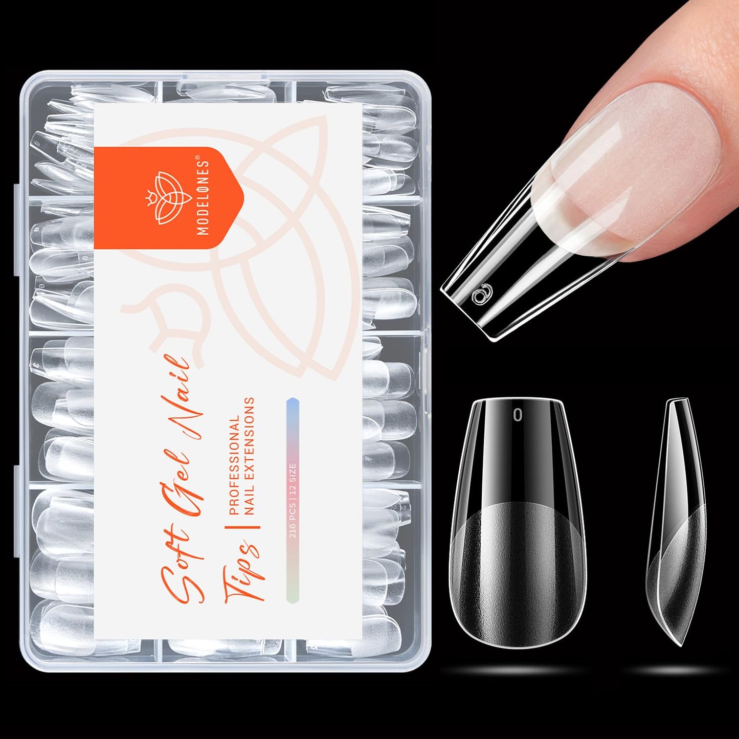 modelones Medium Coffin Nail Tips, Pre-shaped Soft Gel Tips Fake Nails False Acrylic Clear Full Cover Press on Extension Kit Gel Manicure DIY at Home 216PCS 12Sizes