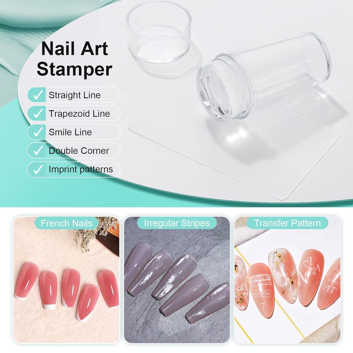 X&D Nail Art Stamper Clear Jelly Nail Art Stamping Transparent Silicone Rubber Nail Polish Stamper with Acrylic Scraper, Spare head Kit for French Tips and Transfer Images