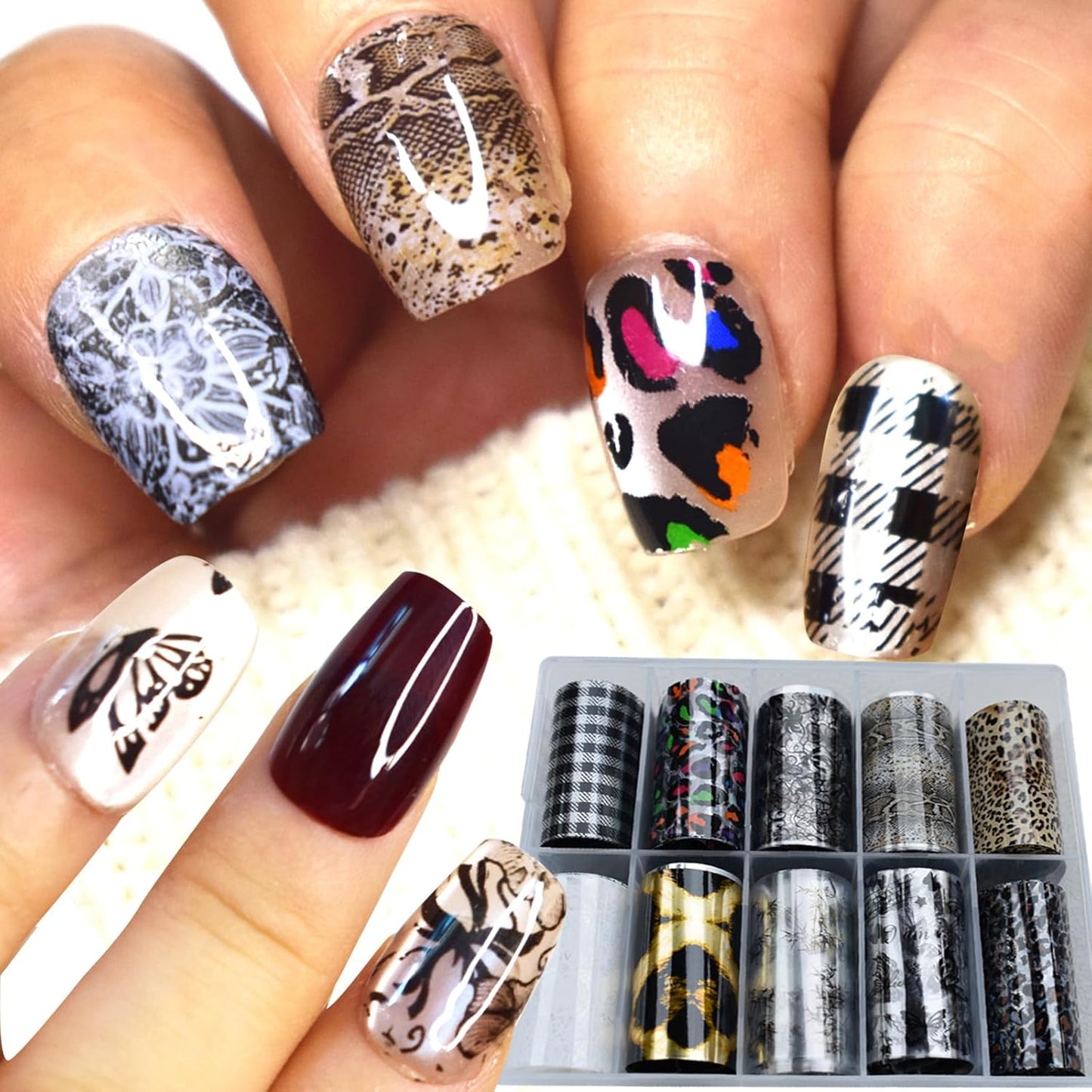 Nail Art Transfer Foils Set, 10 Designs, Animal Print and White and Black Flower Patterns,Holographic Stickers for DIY Acrylic Nails Manicure Decoration 39.37 x 1.57 inches (10)