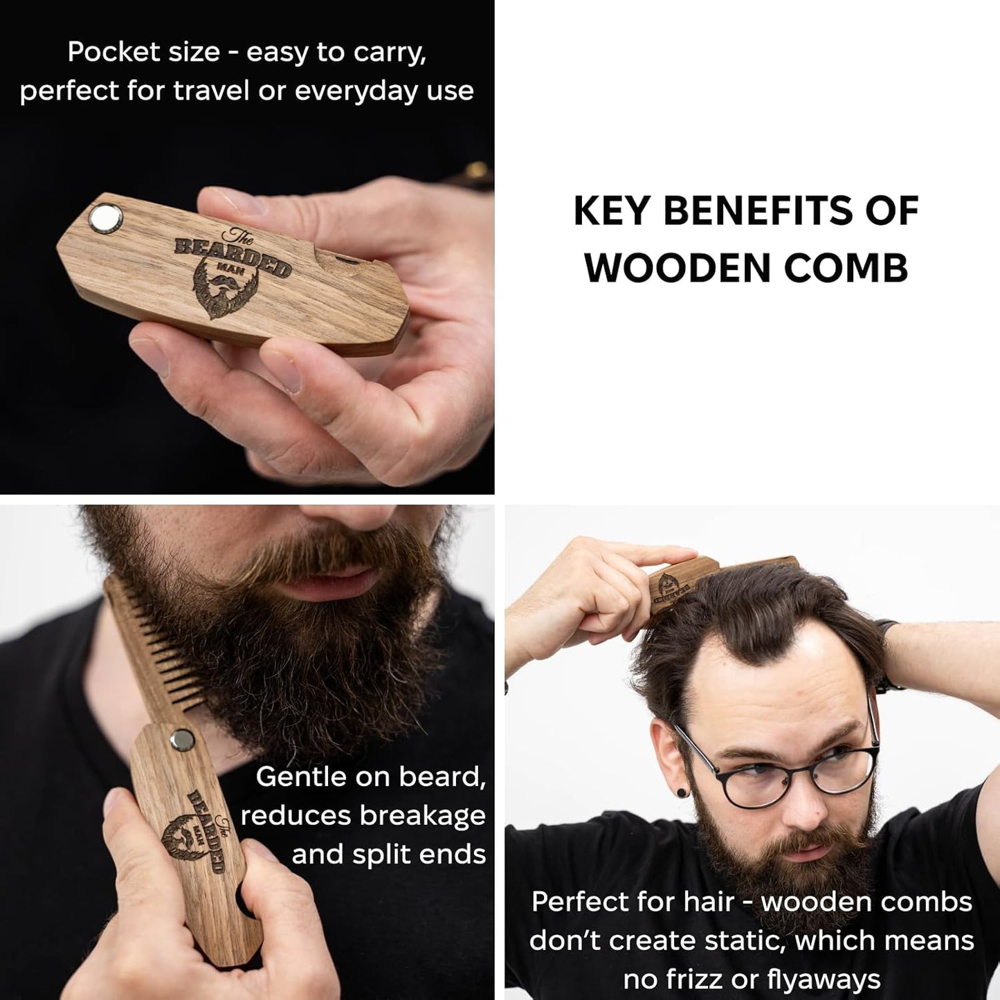 Beard Comb for Men Pocket Folding Combs for Mustache & Hair Travel Natural Wooden Comb with Real Man Engraving - Perfect for Use w/Beard Balm Oil (The Bearded Man)