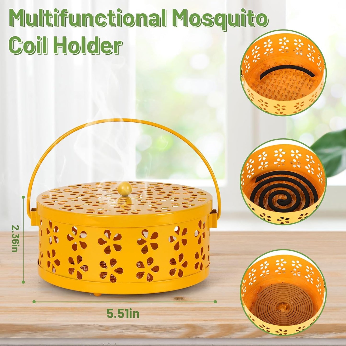 Portable Iron Mosquito Coil Holder with Handle Round Heat-Resistant Incense Holder (Yellow)
