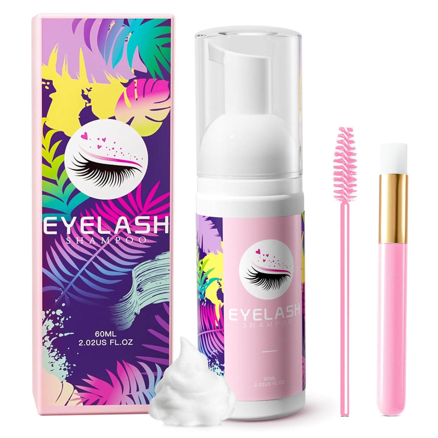 Lash Shampoo for Lash Extensions 60ml Eyelash Extension Cleanser Lash Shampoo Cleaning Kit with Shampoo Brush & Mascara Brush-No Irritating Foaming Eyelash Makeup Remover for Home Salon Use