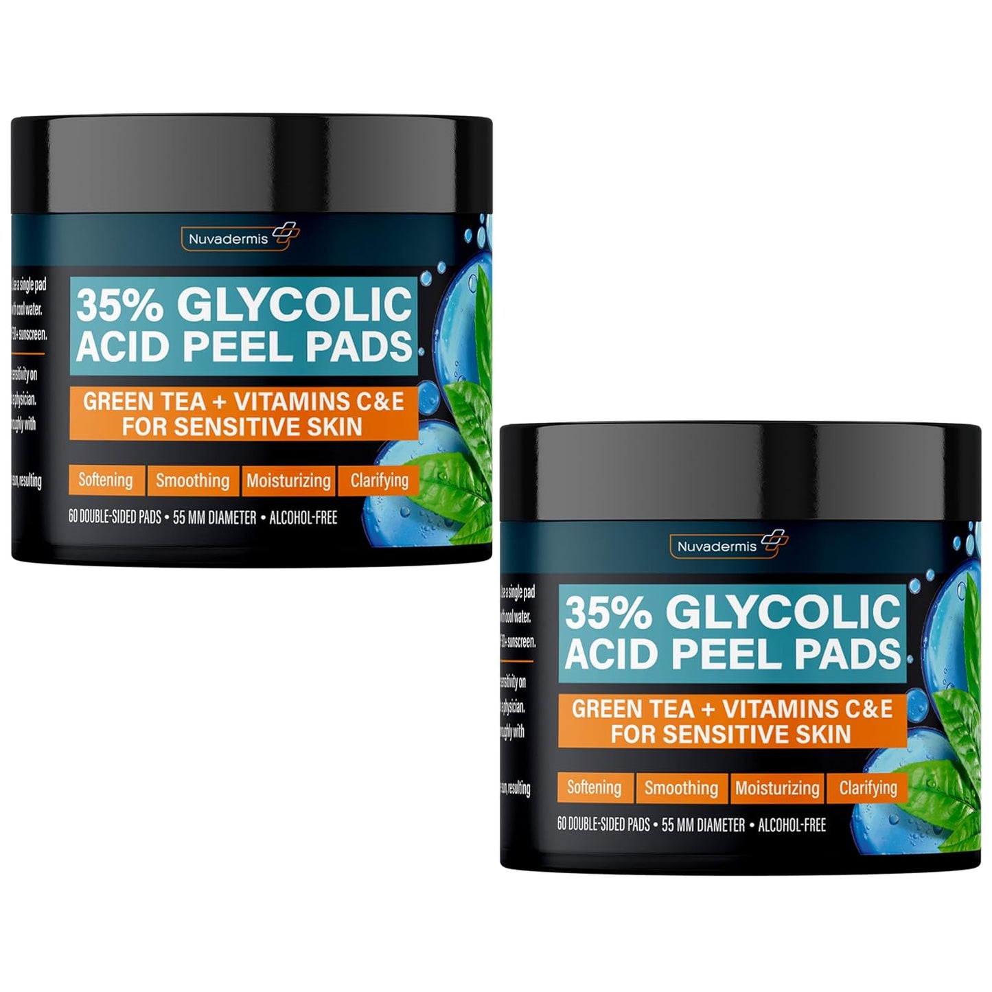 NUVADERMIS 35% Glycolic Acid Peel Pads – Exfoliating Facial Resurfacing for Blackheads, Dark Spots, and Acne – Safe for Sensitive Skin – 60 Double-Sided Pads - 2 Pack