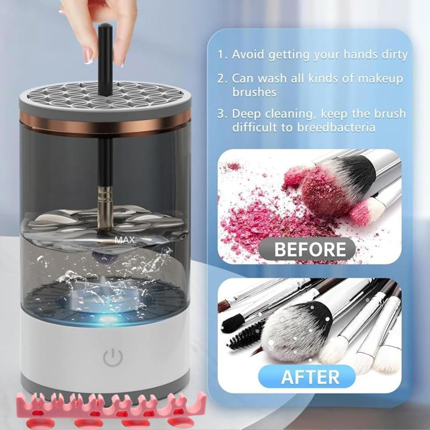 Makeup Brush Cleaner Machine, Portable Electric Makeup Brush Cleaner, Efficient Deep Cleaning Makeup Brushes, Automatic Spinning Make Up Brush Cleaner Fit for All Size Cosmetic Brush (Grey)