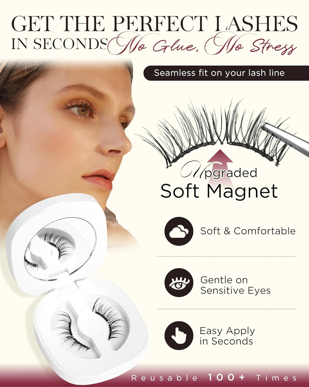 BEYELIAN Magnetic Eyelashes with Applicator, Soft Magnetic Lashes Natural Look Comfortable & Secure Fit Easy to Apply Reusable (1 Pairs, CS02)