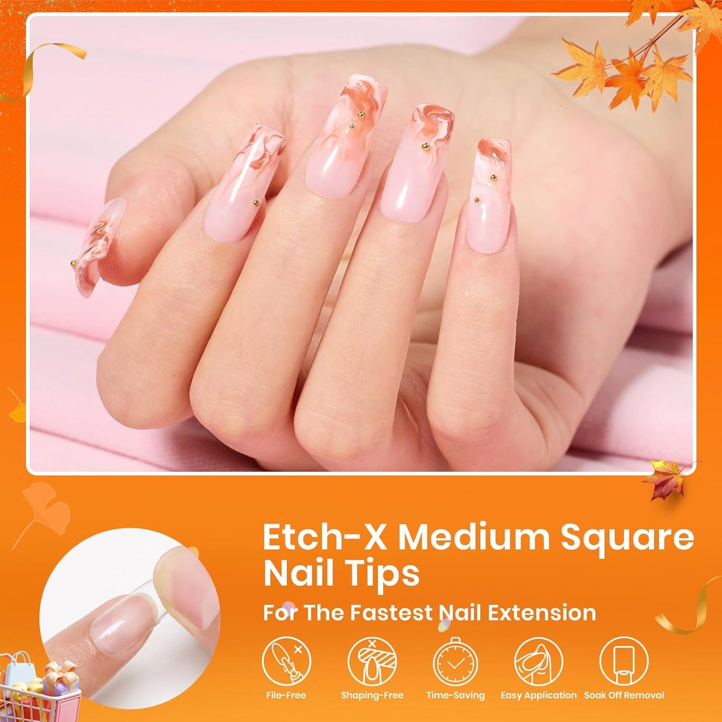 Beetles Nail Tips Medium Square 576Pcs 12 Sizes - Pre-Etched Soft Acrylic Nail Tips Half Matte False Nails Nail Art Full Cover Press Ons Nail Extensions Gift Set Home DIY Nail Salon