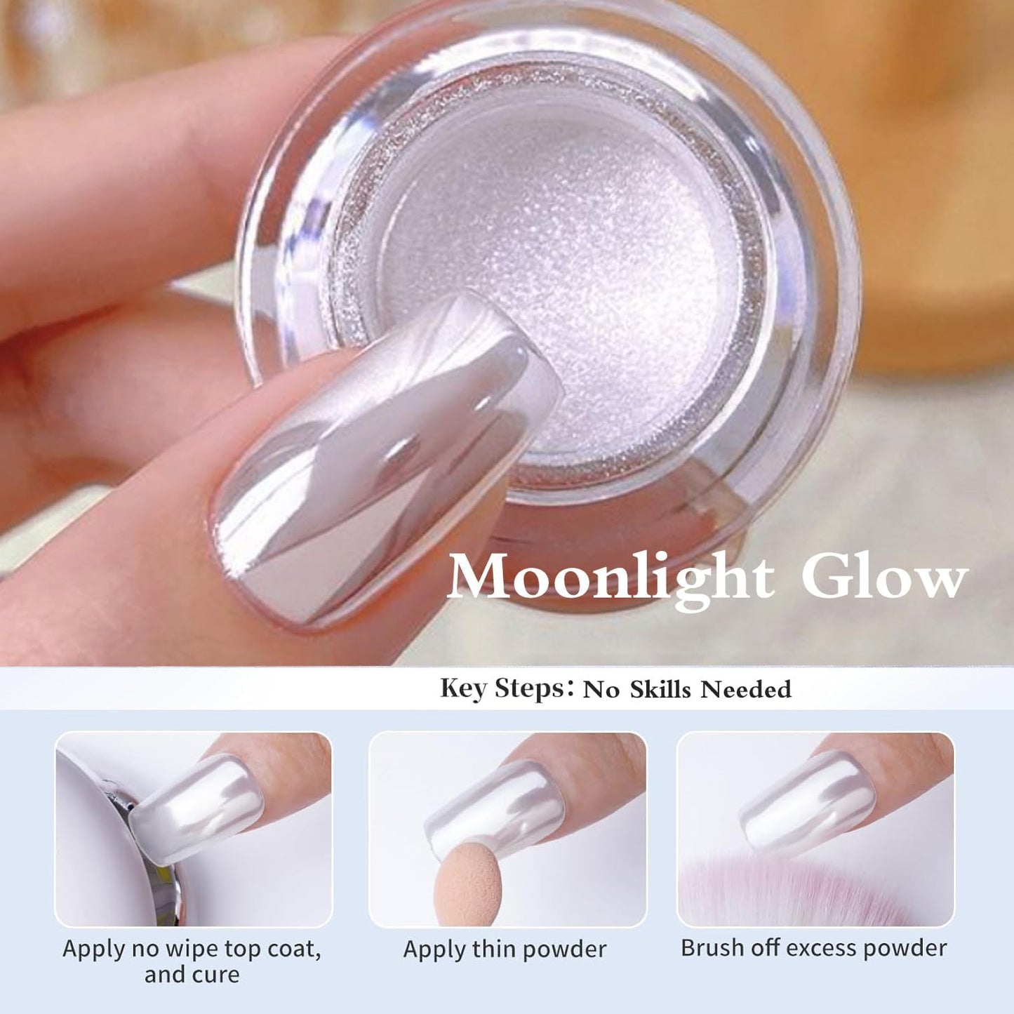 Pretty Diva White Chrome Nails Powder - 0.3g Super Glossy Mirror Effect White Moonlight Chrome Powder for Nails Manicure Pigment, Beginner-Friendly for Gel Nails