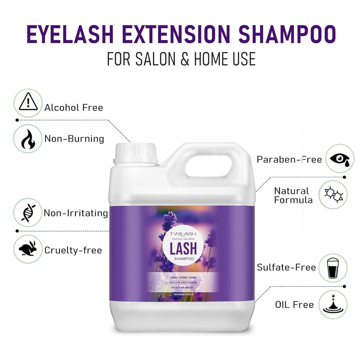 Lash Shampoo Bulk, Eyelash Cleanser for Extensions 2 Liters, Safe Makeup Remover, Non-irritating or Burning Eyelid Foaming Cleanser for Professional Salon and Home Use (Lavender-2L)