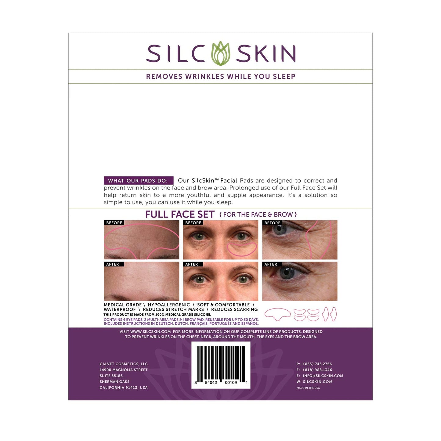 SilcSkin Full Face Set, Helps with Face & Brow Wrinkles from Sun Aging Side Sleeping, Reusable Self Adhesive Medical Grade Silicone, 1 Brow Pad, 4 Eye Pads, 2 Multi-Area Pads - 45 Day Supply