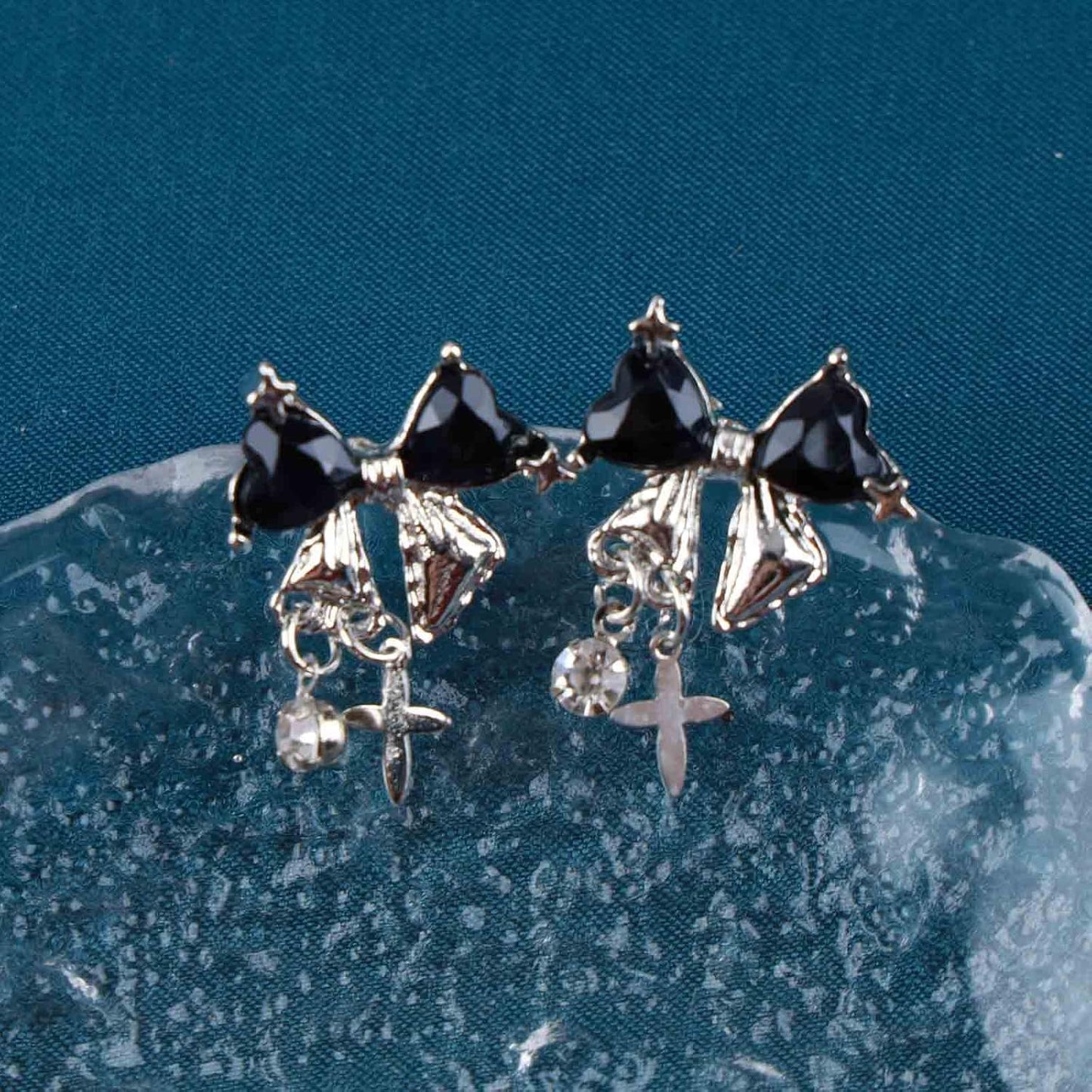 Vintage Crystal Bow Earrings Black Onyx Stud Earrings Silver Tiny Cross Drop Earrings Sparkly Cz Rhinestone Bow Earrings Jewelry for Women