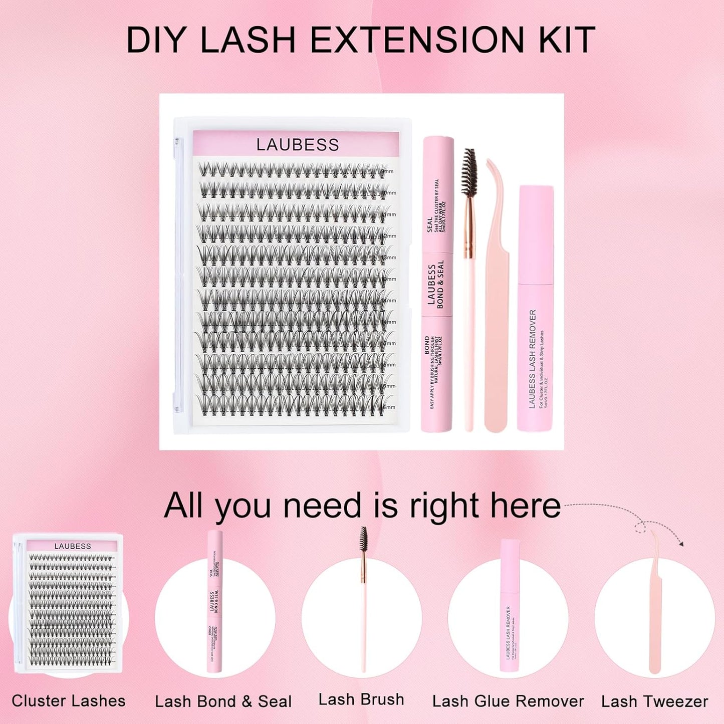 Lash Clusters Kit LAUBESS DIY Lash Extension Kit Lash Bond and Seal Waterproof Lash Glue Remover Tweezers Brush Cluster Eyelash Extensions Kit Eyelash Clusters (Kit 20D-D-Mix14-18)