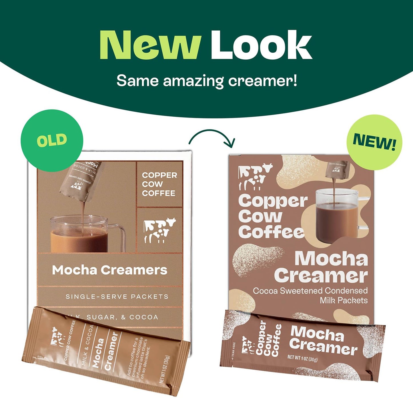 Copper Cow Coffee Sweetened Mocha Milk Creamer Singles (24 pack) | Vietnamese Inspired Coffee Creamer, All Natural Creamer Packets for Pour Overs & Lattes | No Refrigeration Needed
