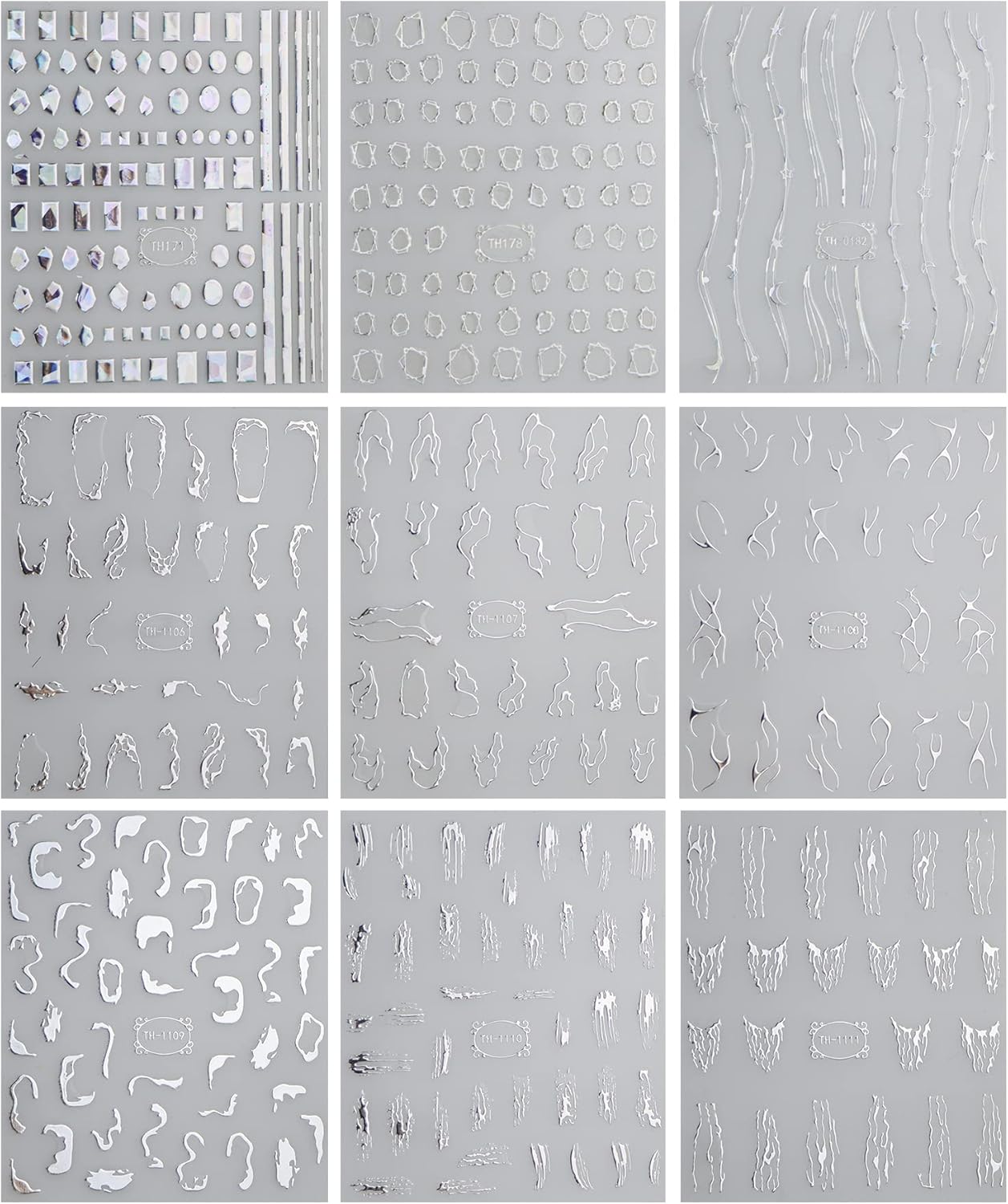 JMEOWIO 9 Sheets Marble Line Nail Art Stickers Decals Self-Adhesive Pegatinas Uñas Silver Nail Supplies Nail Art Design Decoration Accessories