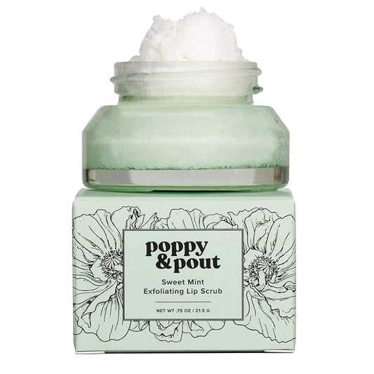 Poppy & Pout Natural Lip Scrub, Moisturizing Sugar Scrub for Dry Lips, Lip Scrubber Exfoliator with Essential Oils Smooths and Hydrates Lips, In Recyclable Glass Jars, Cruelty Free - Sweet Mint