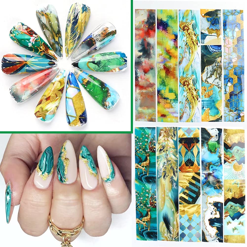 Marble Nail Foils Transfer Stickers Nail Art Supplies Foil Transfers Decals Holographic Marble Starry Sky Nail Foil Design Sticker for Women Acrylic Nails DIY Manicure Tips Wraps Decoration 10 Sheets