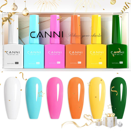 CANNI 9ml Hema-Free Gel Nail Polish Set- 6Pcs White Blue Orange Yellow Colors Gel Polish Kit, Soak Off LED Nail Gel Manicure Kit DIY at Home Salon Gifts for Women Girls