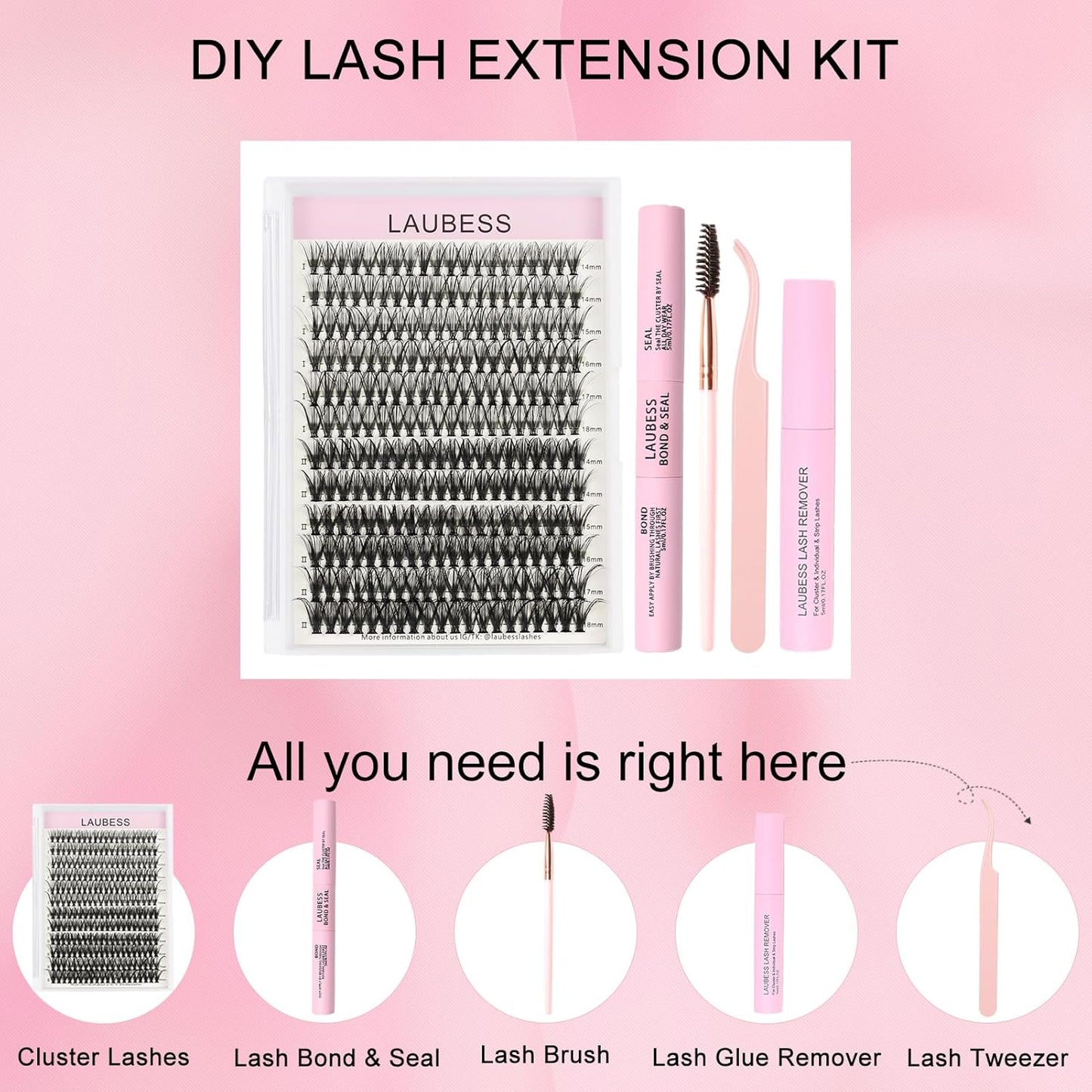 Lash Clusters Kit LAUBESS DIY Lash Extension Kit Lash Bond and Seal Waterproof Lash Glue Remover Tweezers Brush Cluster Eyelash Extensions Kit Eyelash Clusters (Kit 30D/40D-D-Mix14-18)