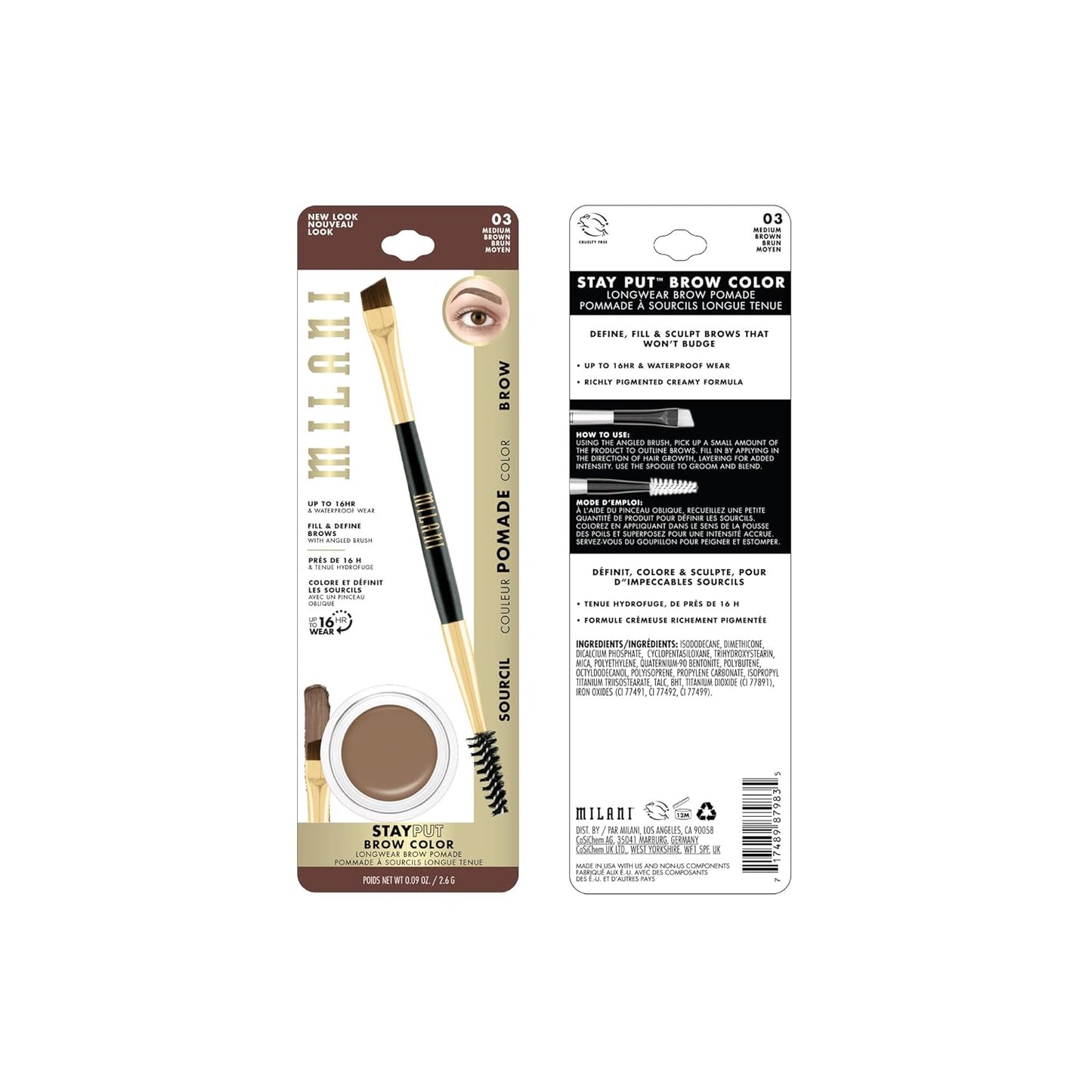 Milani Stay Put Brow Color - Medium Brown (0.09 Ounce) Vegan, Cruelty-Free Eyebrow Color that Fills and Shapes Brows…