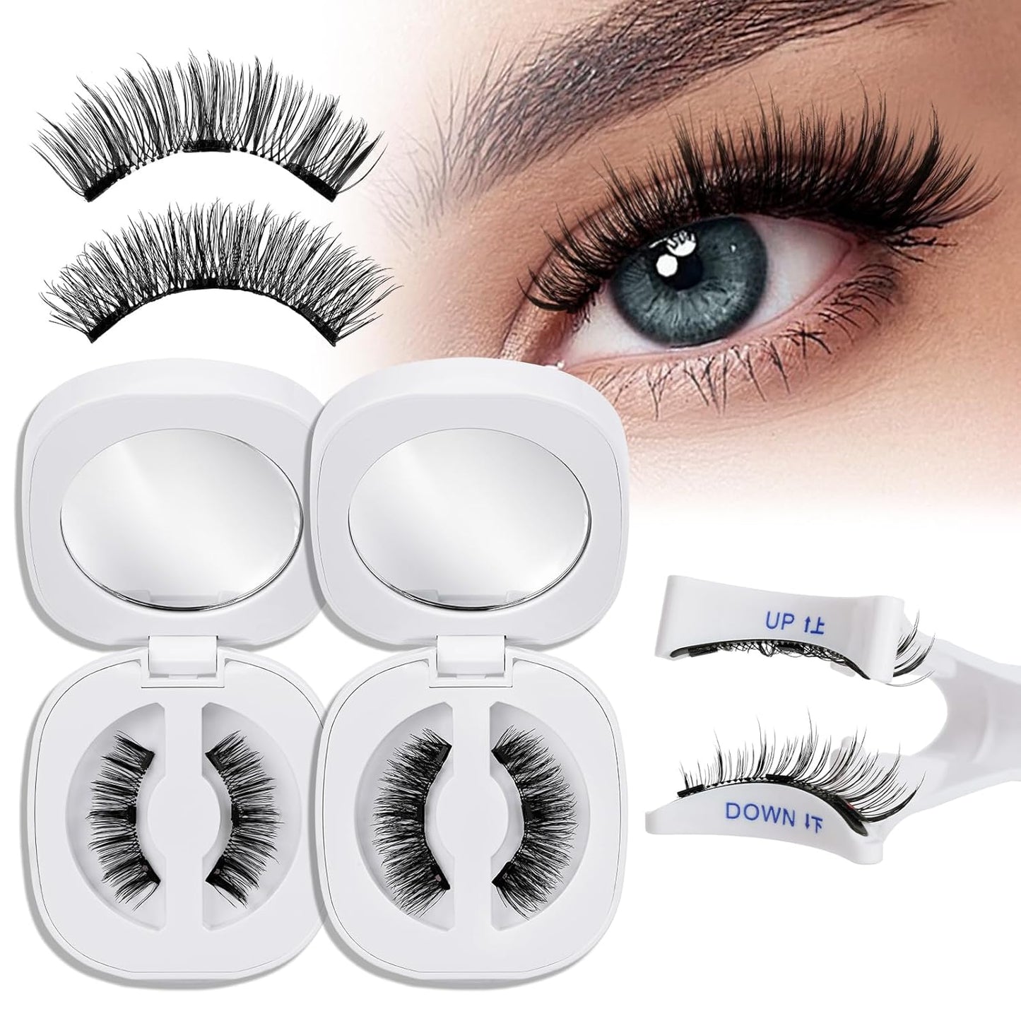 QUEWEL 2 Pairs Magnetic Eyelashes, Reusable No Glue Needed Magnetic Eyelashes Kit with Applicator Lash Clusters Kit without Eyeliner Easy to Wear and Remove (G-YC-C+D01)