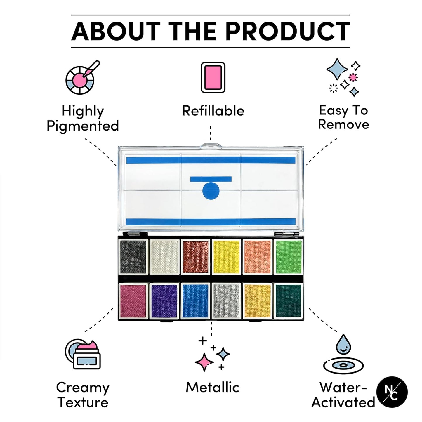 Metallic 12-Color Palette - Luxurious Water-Activated Makeup for Face & Body - Shimmering Shades for SFX, Cosplay, Theater, Film & TV Makeup Artists