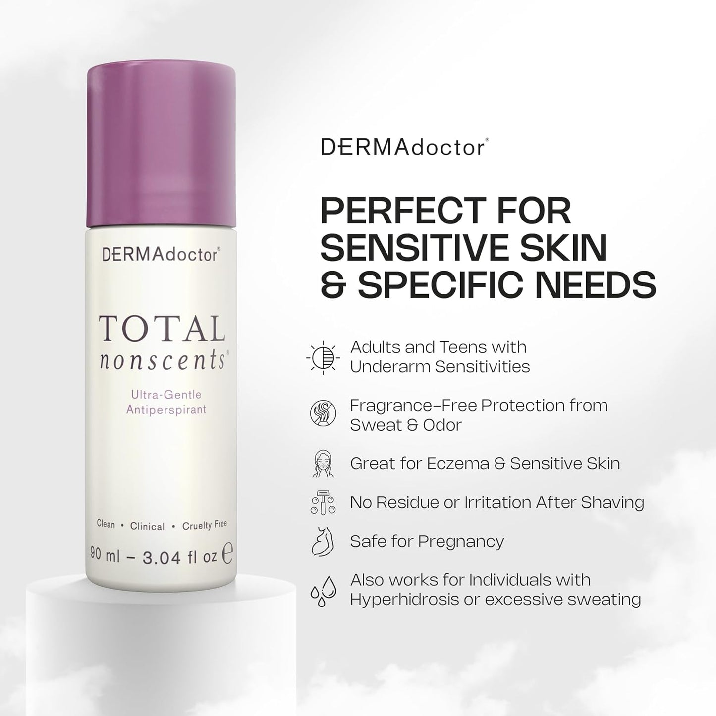 DERMAdoctor Total NonScents Ultra-Gentle Antiperspirant for Sensitive Skin. Unscented, Clinical Strength Antiperspirant for Men & Women; Hypoallergenic Roll On Deodorant - 3 oz