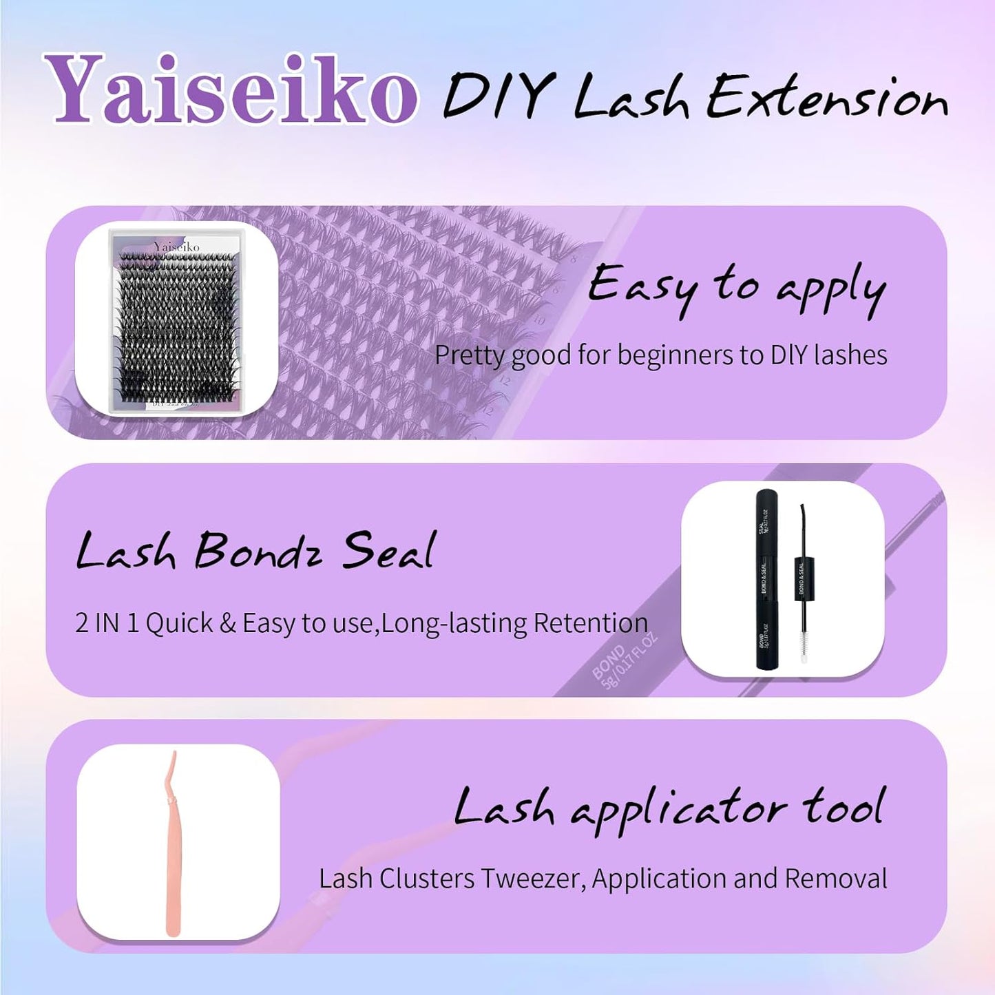 Lash Extension Kit 50D Fluffy Cluster Eyelash Extensions Kit 300 Pcs DIY Individual Lashes Kit with Lash Bond and Seal and Lashes Tweezers 8-16mm Mix D Curl Wispy False Eyelashes Pack, by Yaiseiko