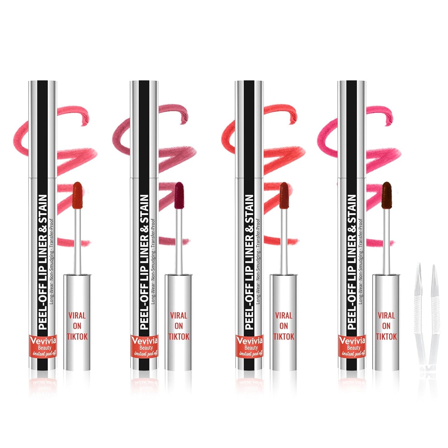 4pcs Lip Stain Peel Off - Lip Liner Stain Long Lasting Waterproof with Tweezer,2-in-1 Lip Liner Matte,Natural Finish,Non-Stick Cup,Stay On All Day,Perfect for Gift(Cocoa+Rose+Nude+Mauve)