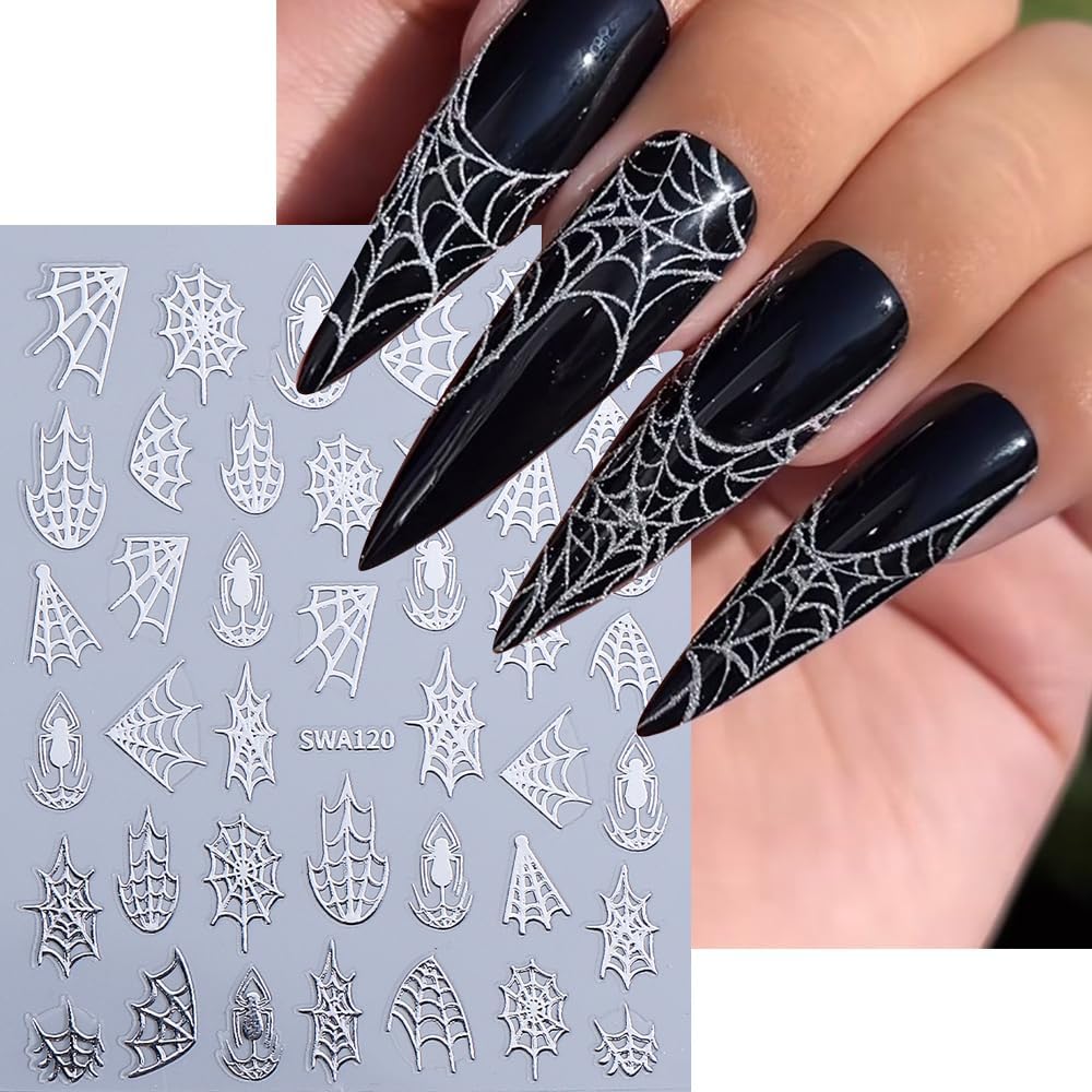 5 Sheets Halloween Spider Web Nail Stickers for Nail Art 3D Self-Adhesive Spider Web Nail Art Stickers White Black Silver Laser Gold Spider Nail Decals Holiday Nail Design Supplies for Women