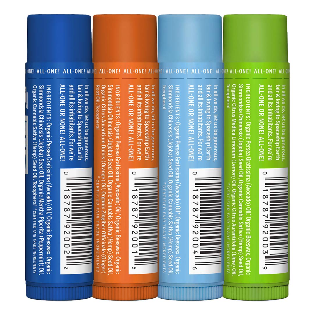 Dr. Bronner's - Organic Lip Balm Variety Peppermint, Orange Ginger, Naked, Lemon Lime) - Made with Organic Beeswax and Avocado Oil, For Dry Lips, Hands, Chin or Cheeks, 0.15 Ounce (Pack of 4)