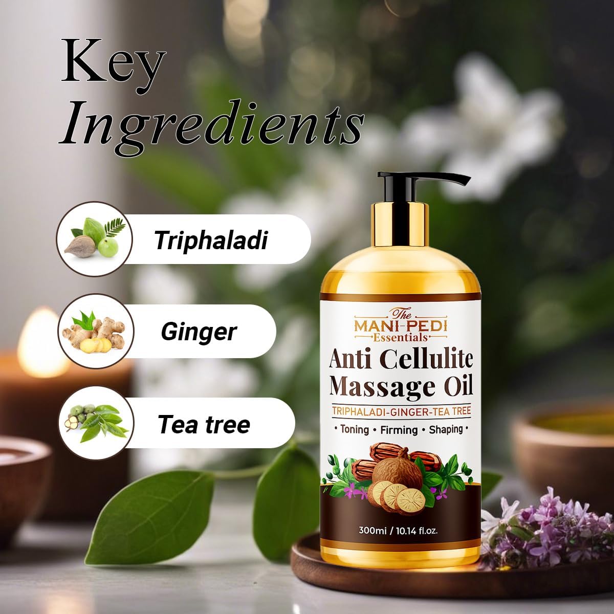 Anti Cellulite Massage Oil with Ginger Oil, Tea-Tree Oil & Natural Herbs for Toning, Firming & Shaping. 100% Natural Ingredients, Non-Sticky Texture - 10 Fl Oz