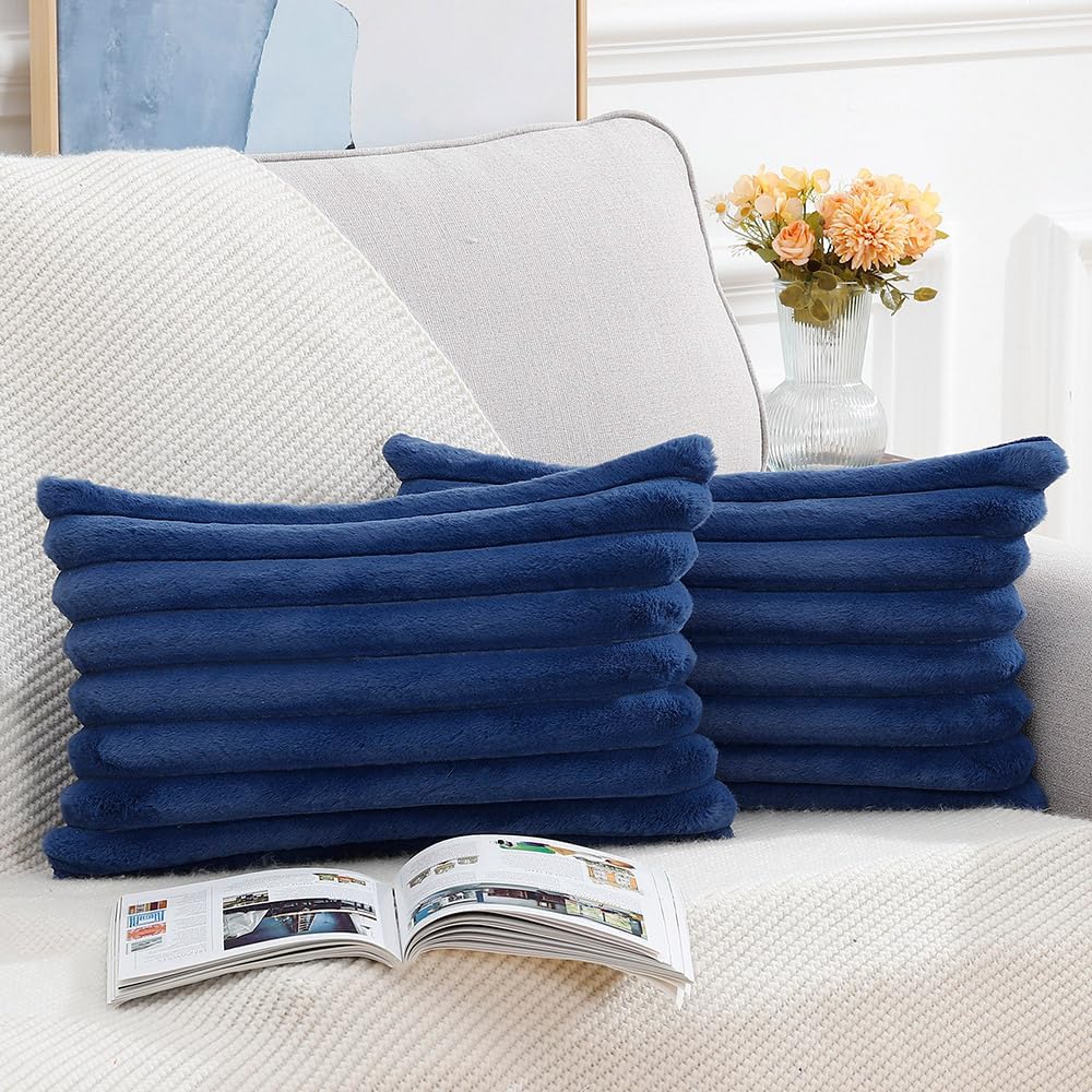 MADIZZ Set of 2 Faux Wool Plush Decorative Throw Pillow Covers 12x20 Inch Blue Fluffy Striped Soft Decorative Cushion Cover for Sofa Bedroom Pillow Shell