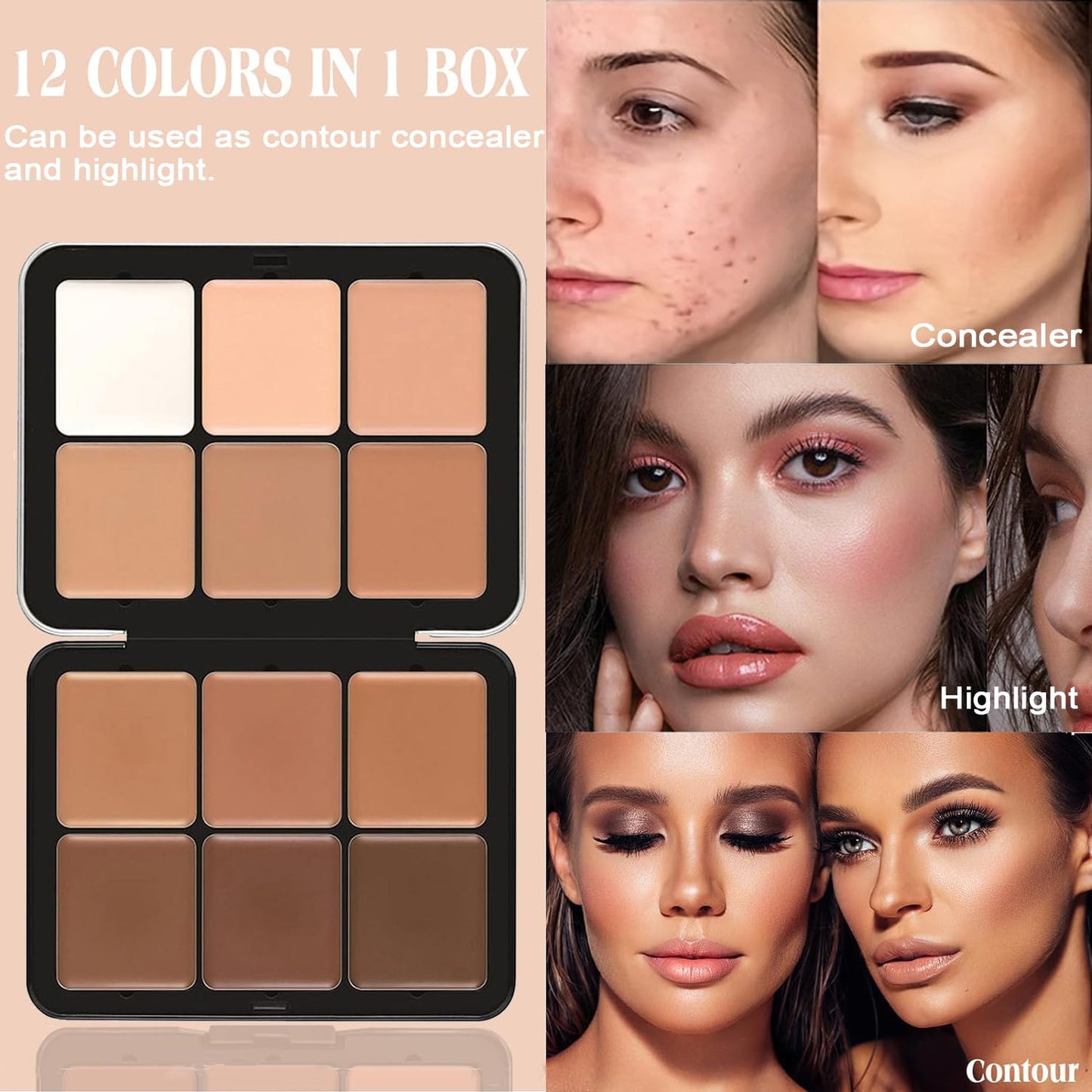 Cream Concealer Contour Palette, 12 Colors Foundation Palette Cream Makeup Palette with 11 Pcs Makeup Brush Set, Long Wearing Blendable Full Coverage