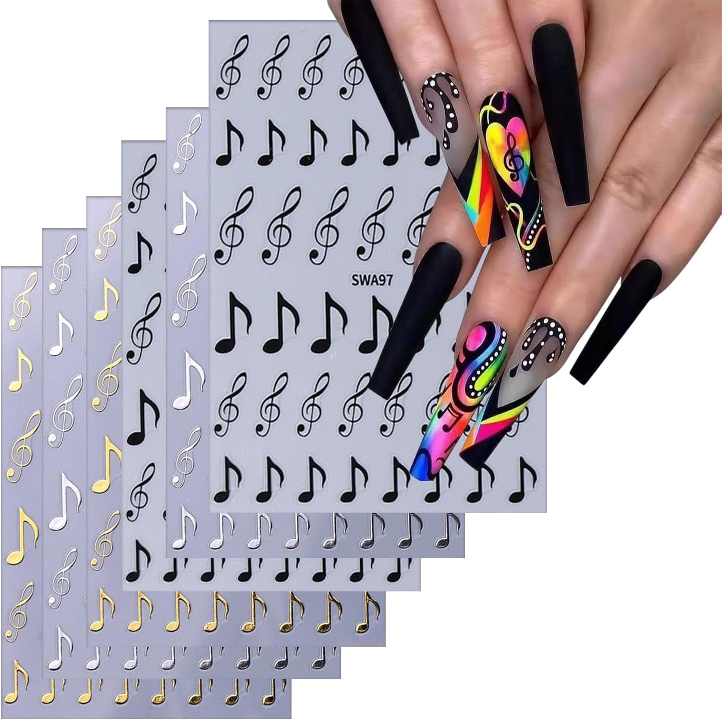 Musical Symbols Nail Art Stickers 3D Self-Adhesive Nails Sticker Music Notation Nail Decals Holographic Decal Decoration for Women Musical Notation Manicure Stickers DIY Nail Art Sticker Supplies