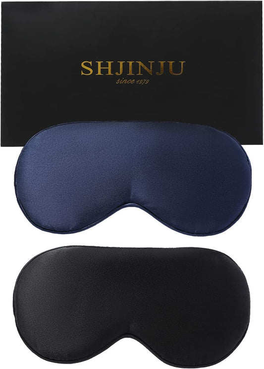 2-Pack 100% Real Natural Silk Eye Mask, Silk Sleeping Mask, Shade Puffy Eye Gift with Adjustable Straps, Sleep Eye Mask, SHJINJU Eye Mask Shade (Black and Navy)