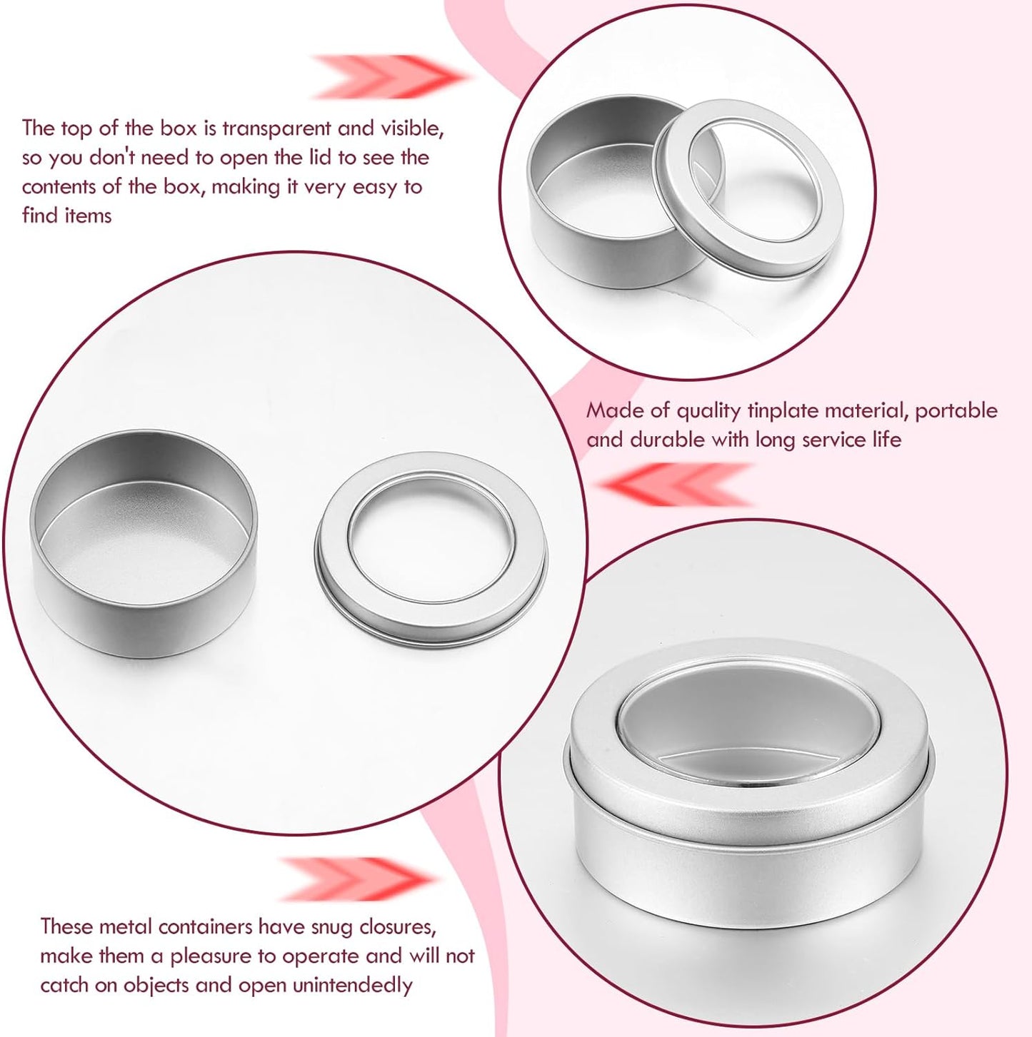 TecUnite 40 Pack 2 Ounce Metal Tin Cans Round Empty Container Salve Tins with Clear Lid for Kitchen, Office, Candles, Candies