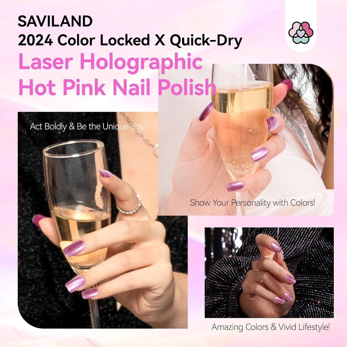 SAVILAND Holographic Nail Polish Pink: Metallic Chrome Nail Polish Air Dry Fast,10 ml/0.34 oz High Glossy Shimmer Glitter Nail Pigment Oil-based Fingernail Polish for Salon DIY Home for Women