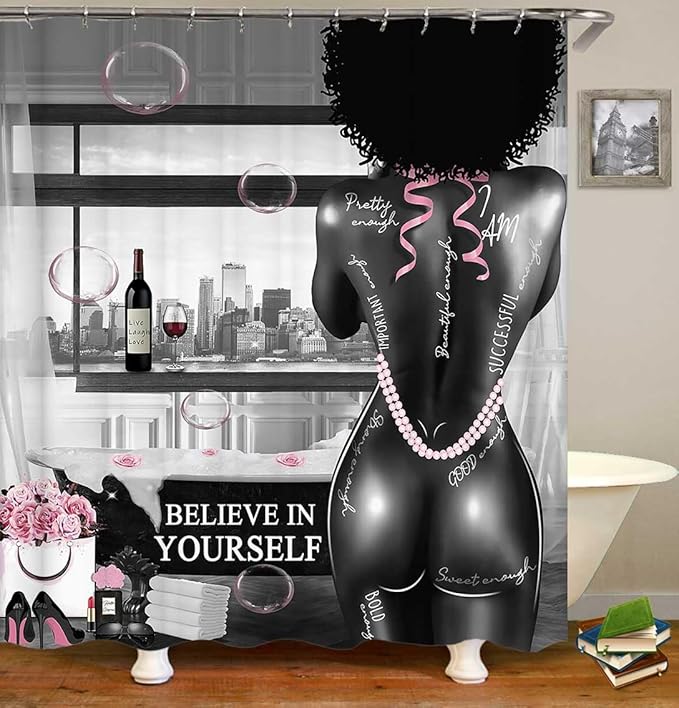 4PCS African American Black Girl Shower Curtain Sets with Rugs, Sexy Black Woman Afro Girl Black and White Modern Bathroom Decor, Non-slip Bath Mat, Motivational Inspirational Gifts for Women