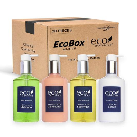 1-Shoppe Eco Botanics 20 Piece Ecobox All-In-Kit | White Tea and Honey Soap | 6 Shampoo, 4 Conditioner, 6 Body Wash & 4 Lotion | 10.14oz Hotel Soaps and Toiletries Bulk | Personal Care Products