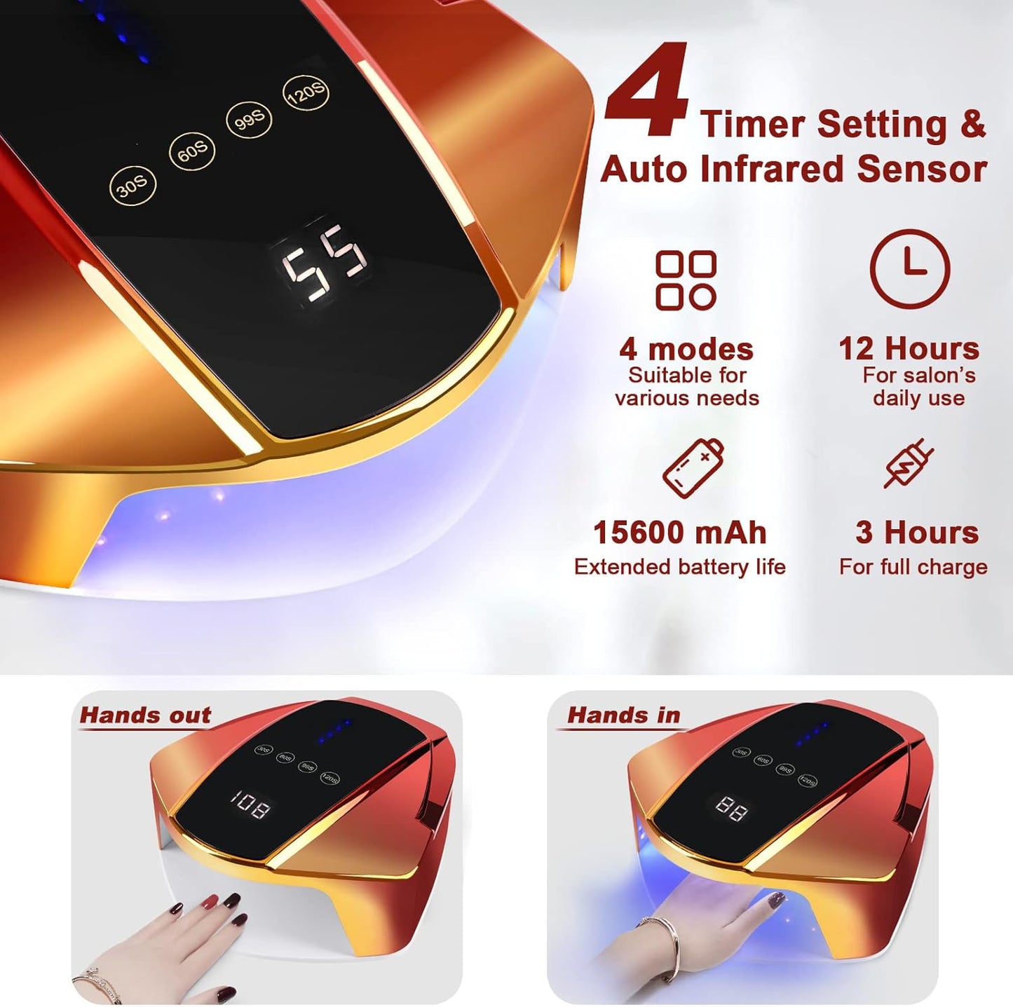 96w Cordless LED Nail Lamp with Portable Handle Professional Curing UV Lamp for Gel Nails Auto Infrared Sensor and 4 Timers (Red)