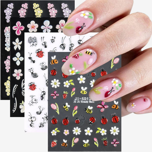 Ladybugs Nail Stickers Bees Ants Snails Daisy 5D Embossed Flowers Nail Stickers Cute Cartoon Insects Animals Nail Decals Ladybird Stickers for Nail Art Butterfly Nail Charms Nail Decoration